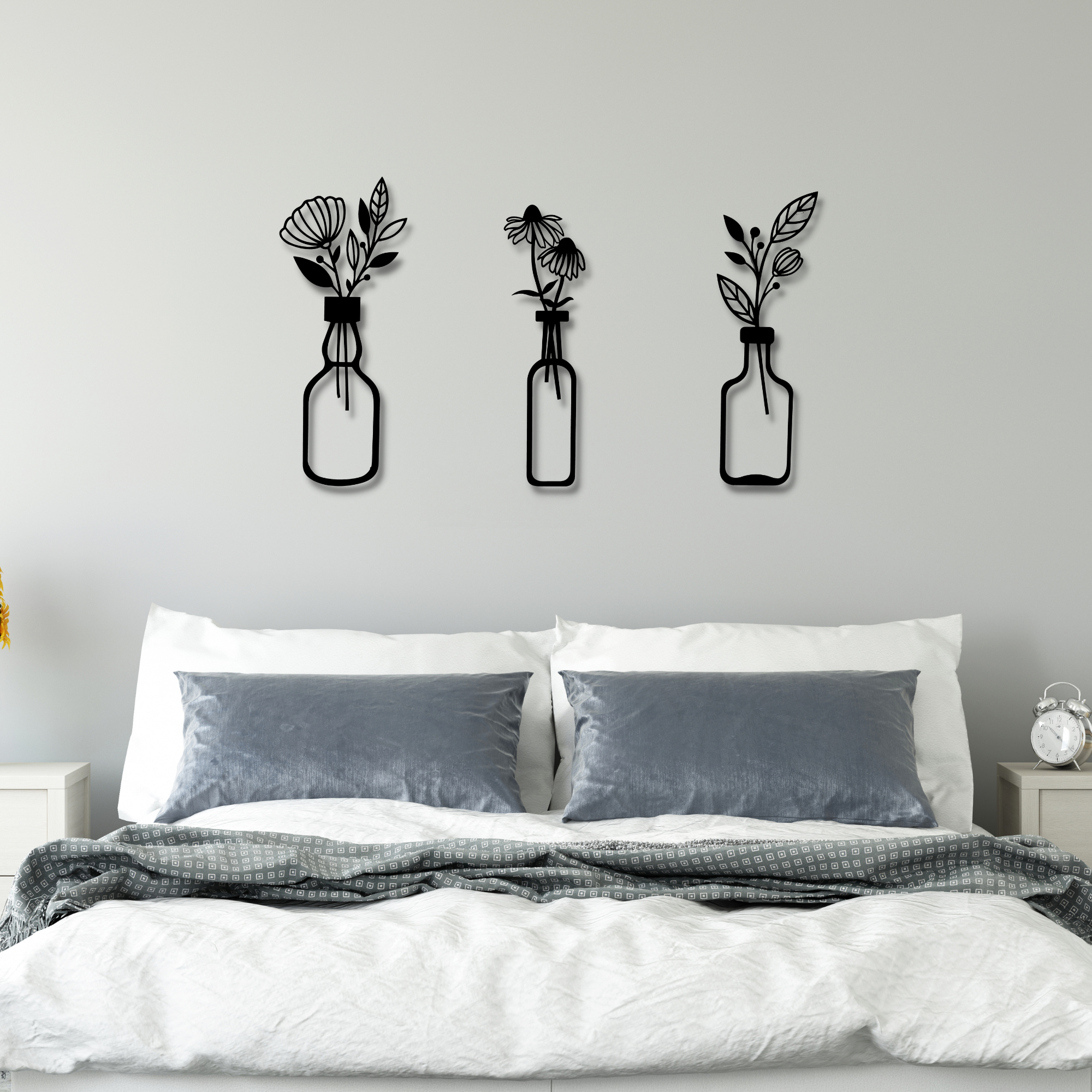 Flower in Vase Metal Wall Art, 3 Pieces Metal Wall Art Set, Spring Flowers Home Wall Decoration, Botanical Wall Decor, Black Floral Wall Art