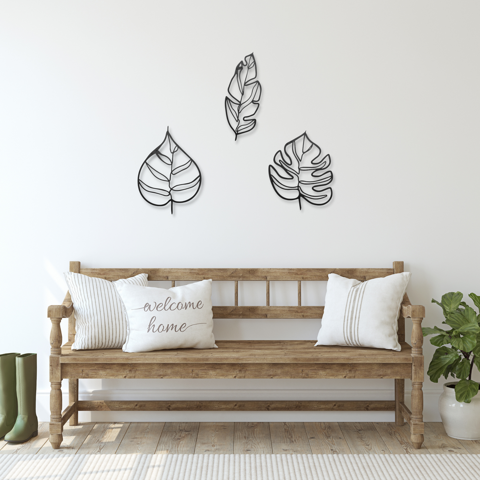 Leaf Patterned Black Metal Wall Hanger Suitable for All Walls 2mm Thickness 46x37 cm