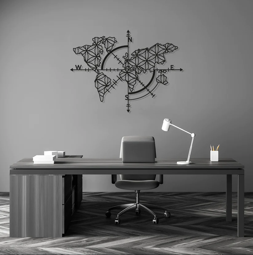 Metal World Map Wall Decoration, World Map Compass Continent Decor, Geometric Metal Wall Art, Large Wall Hangings, World Map No Borders
