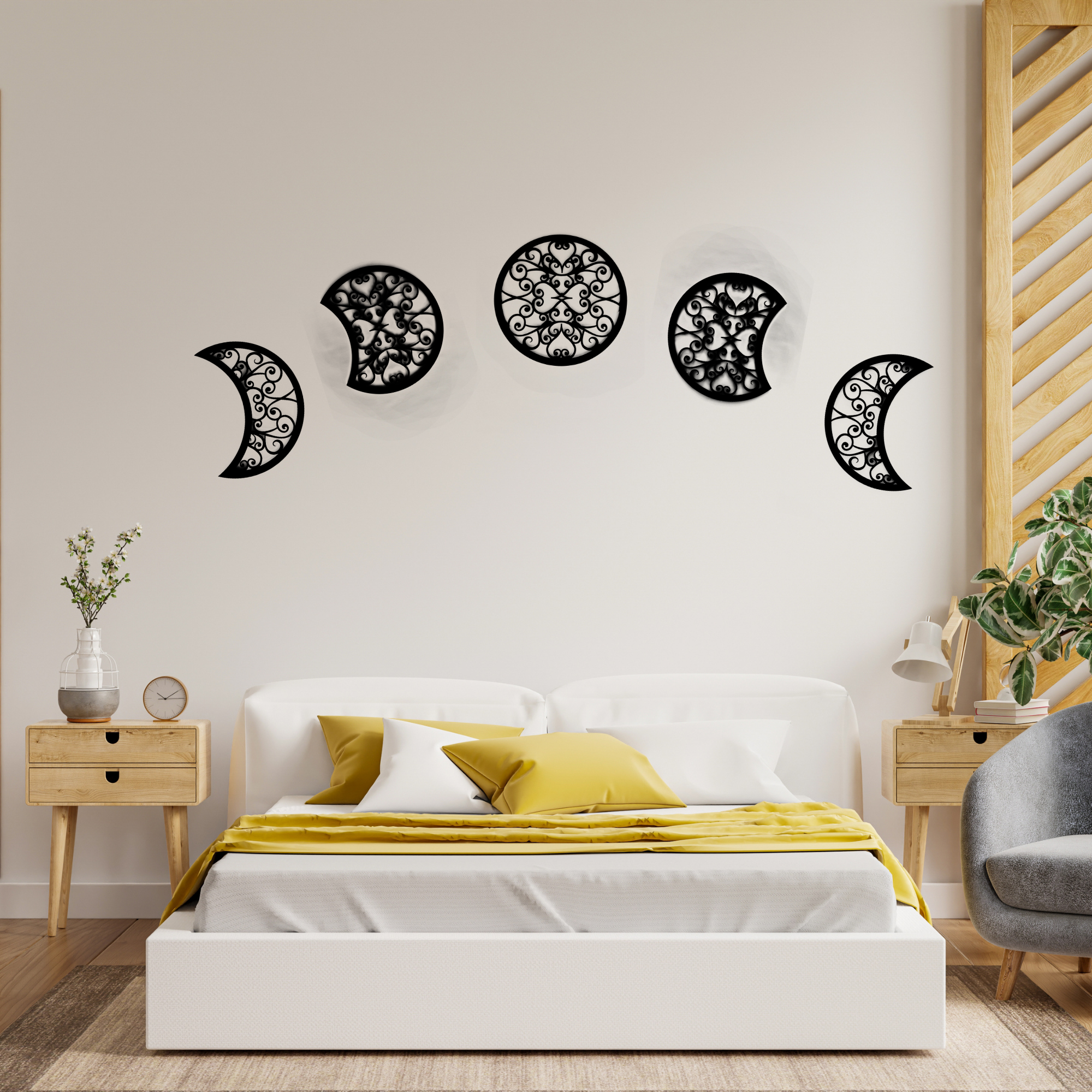 Moon Phase Patterned Black Metal Wall Hanger Suitable for All Walls 1.5mm Thickness 30x30 cm