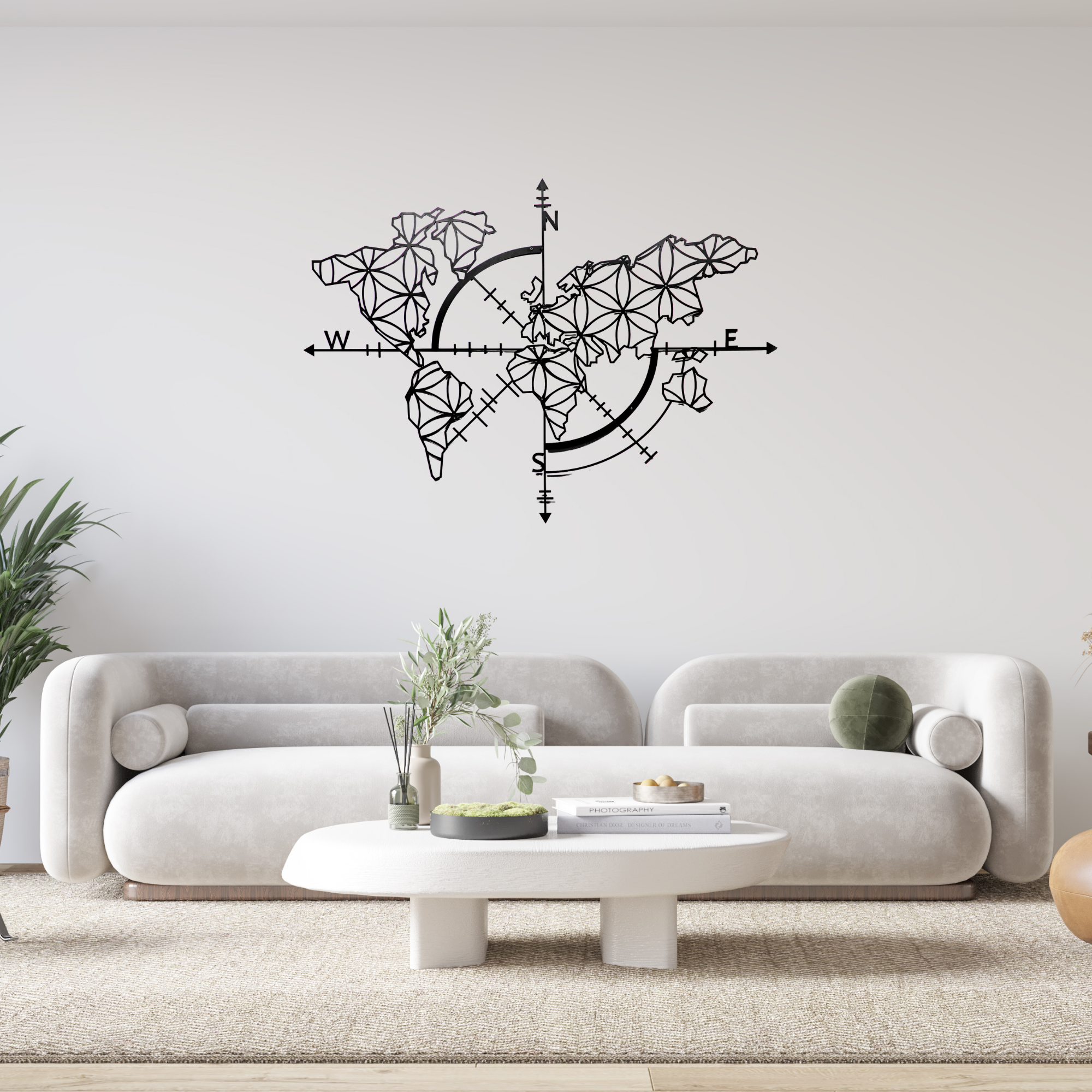 Metal World Map Wall Decoration, World Map Compass Continent Decor, Geometric Metal Wall Art, Large Wall Hangings, World Map No Borders