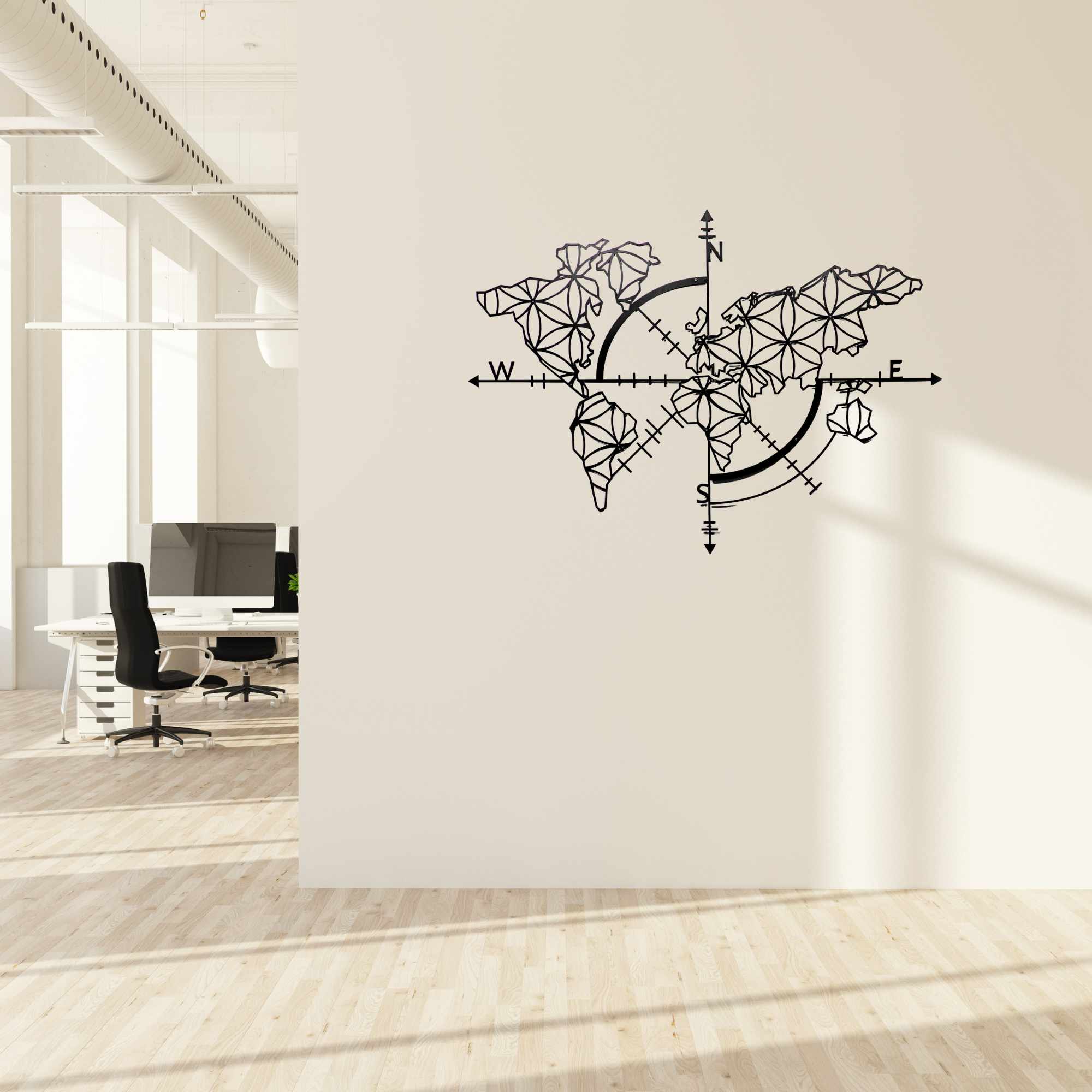 Metal World Map Wall Decoration, World Map Compass Continent Decor, Geometric Metal Wall Art, Large Wall Hangings, World Map No Borders