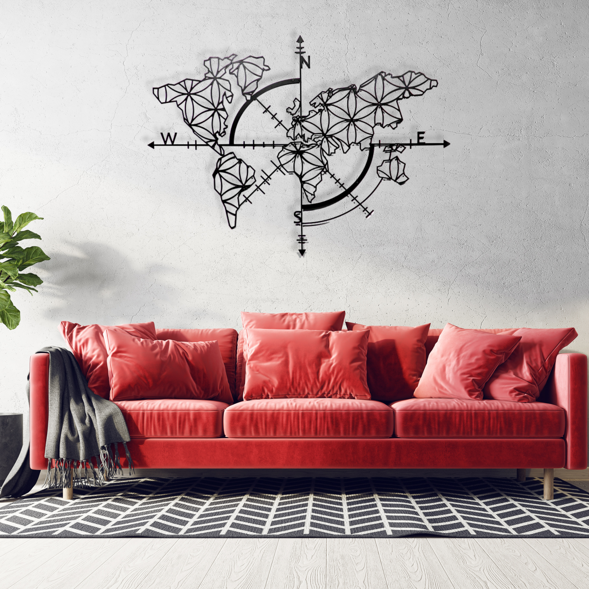 Metal World Map Wall Decoration, World Map Compass Continent Decor, Geometric Metal Wall Art, Large Wall Hangings, World Map No Borders