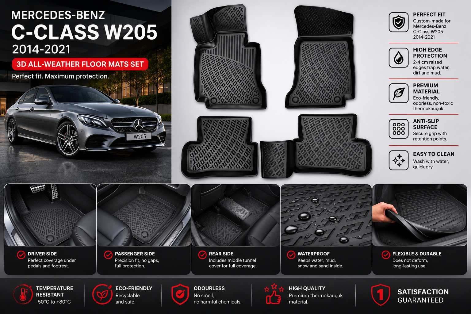 Mercedes-Benz C-Class W205 2014-2021 3D All-Weather Floor Mats Set – Black