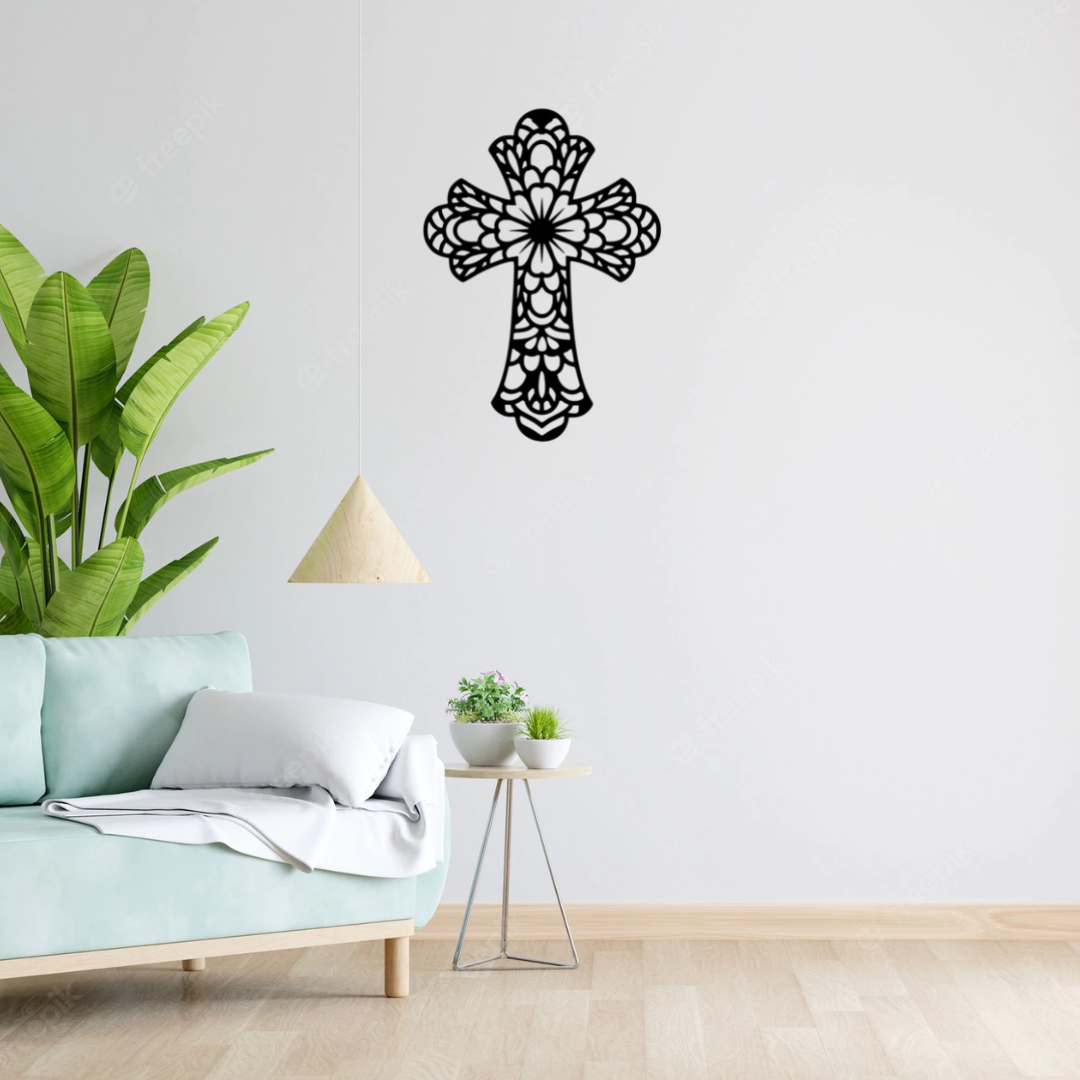 Floral Cross Metal Wall Decor, Christian Wall Art, Living Room Wall Decor, Religious Home Decoration, Cross with Floral Design Wall Art