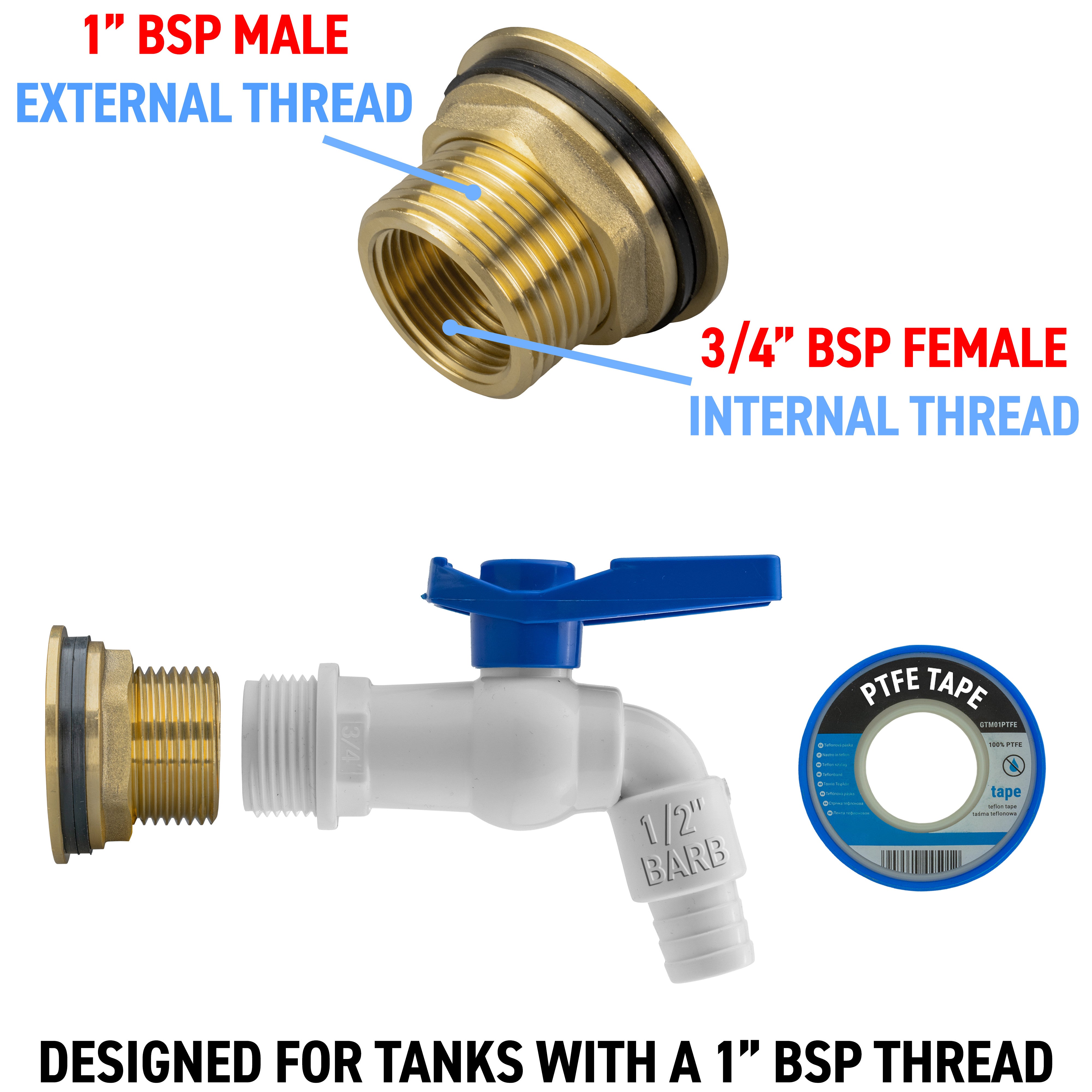 Water Butt Brass Kit 1in with White PVC Tap Hose Connector Set Hose Pipe Fitting