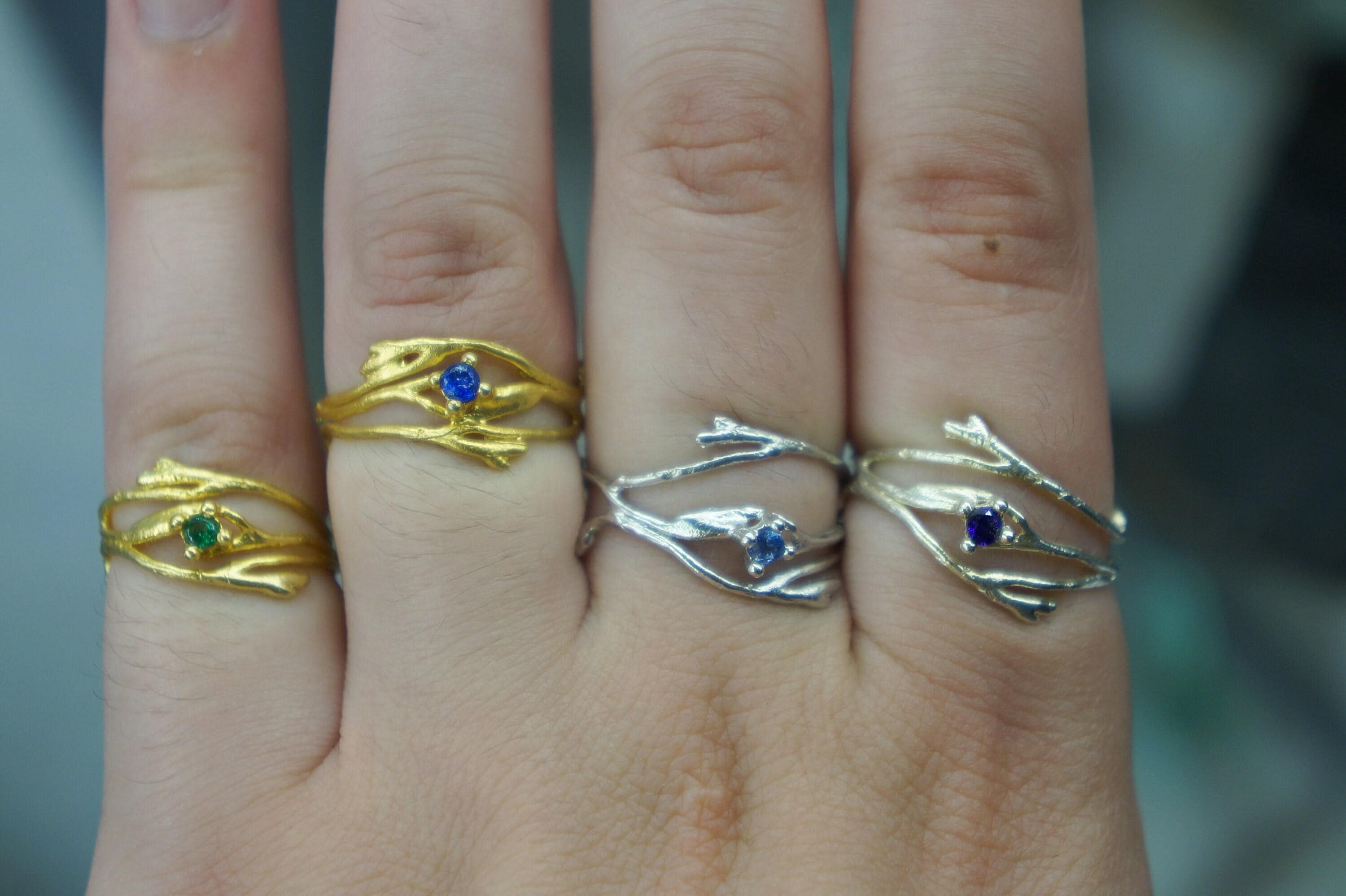 Thin Branches Ring Jasmine Twig Ring in Sterling Silver with Zircon Stone, Goldplated.-2