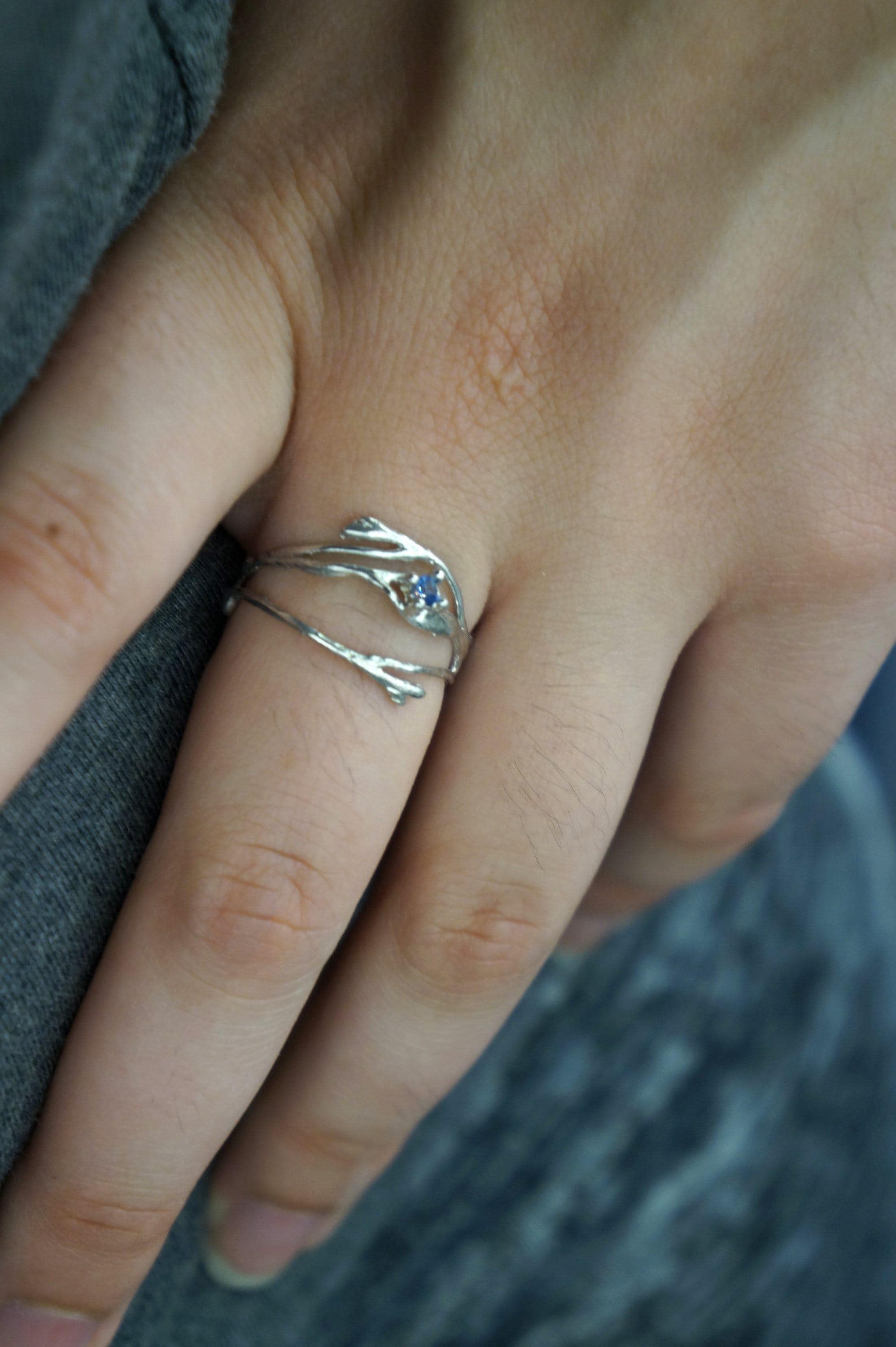 Thin Branches Ring Jasmine Twig Ring in Sterling Silver with Zircon Stone, Goldplated.-3