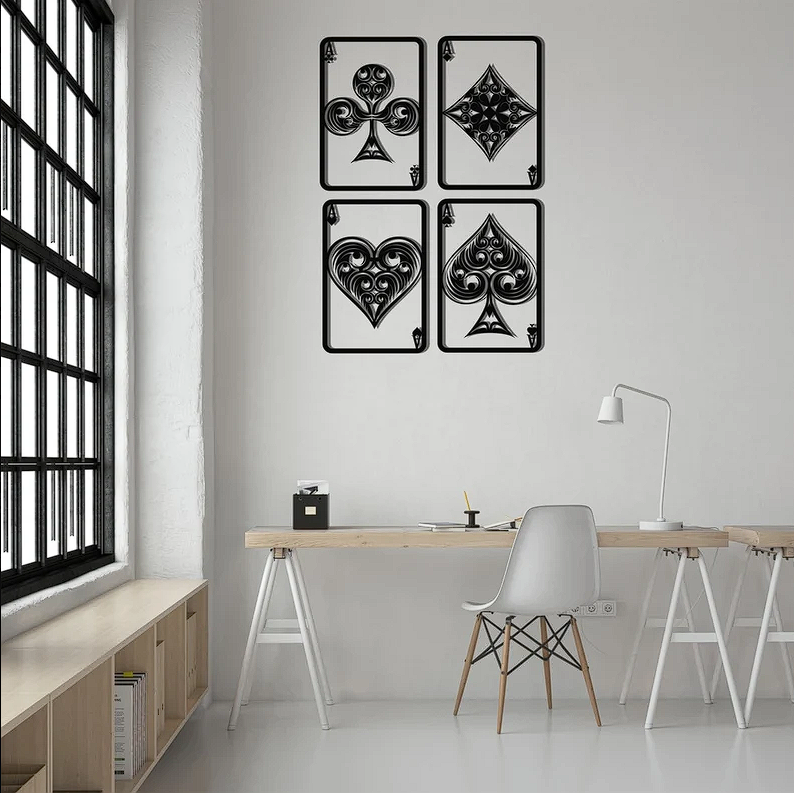 Set of 4 Playing Cards Metal Wall Art, Game Card Wall Decor, Game Room Wall Decoration, Poker Black Wall Hangings, Gift for Game Lovers