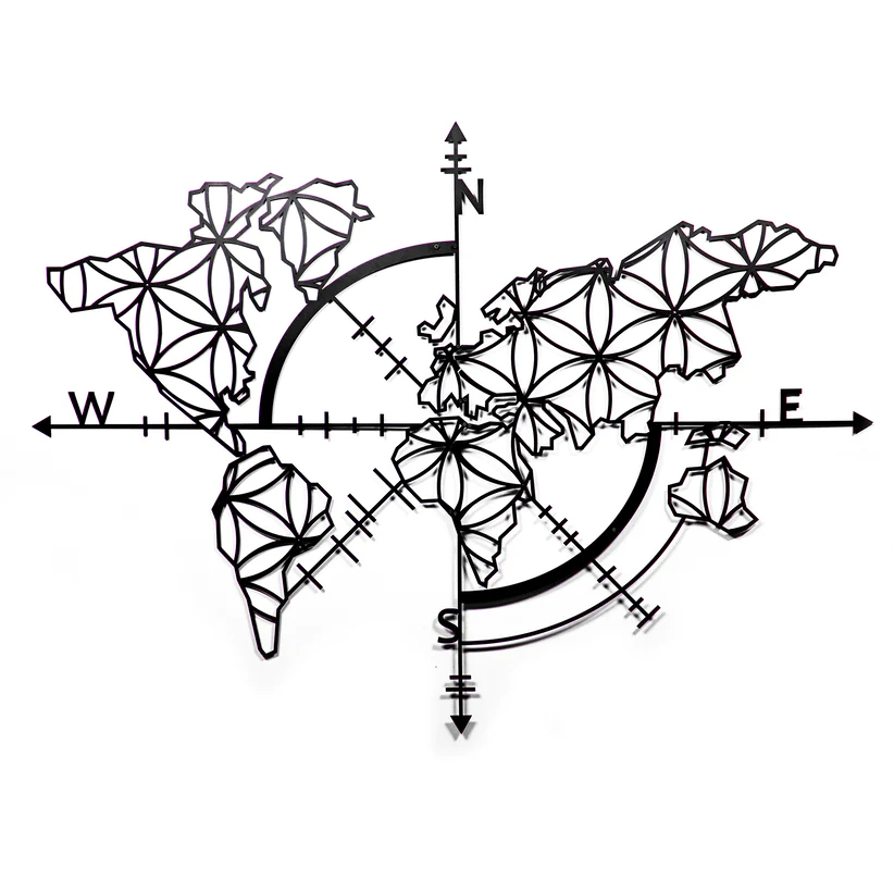 Metal World Map Wall Decoration, World Map Compass Continent Decor, Geometric Metal Wall Art, Large Wall Hangings, World Map No Borders