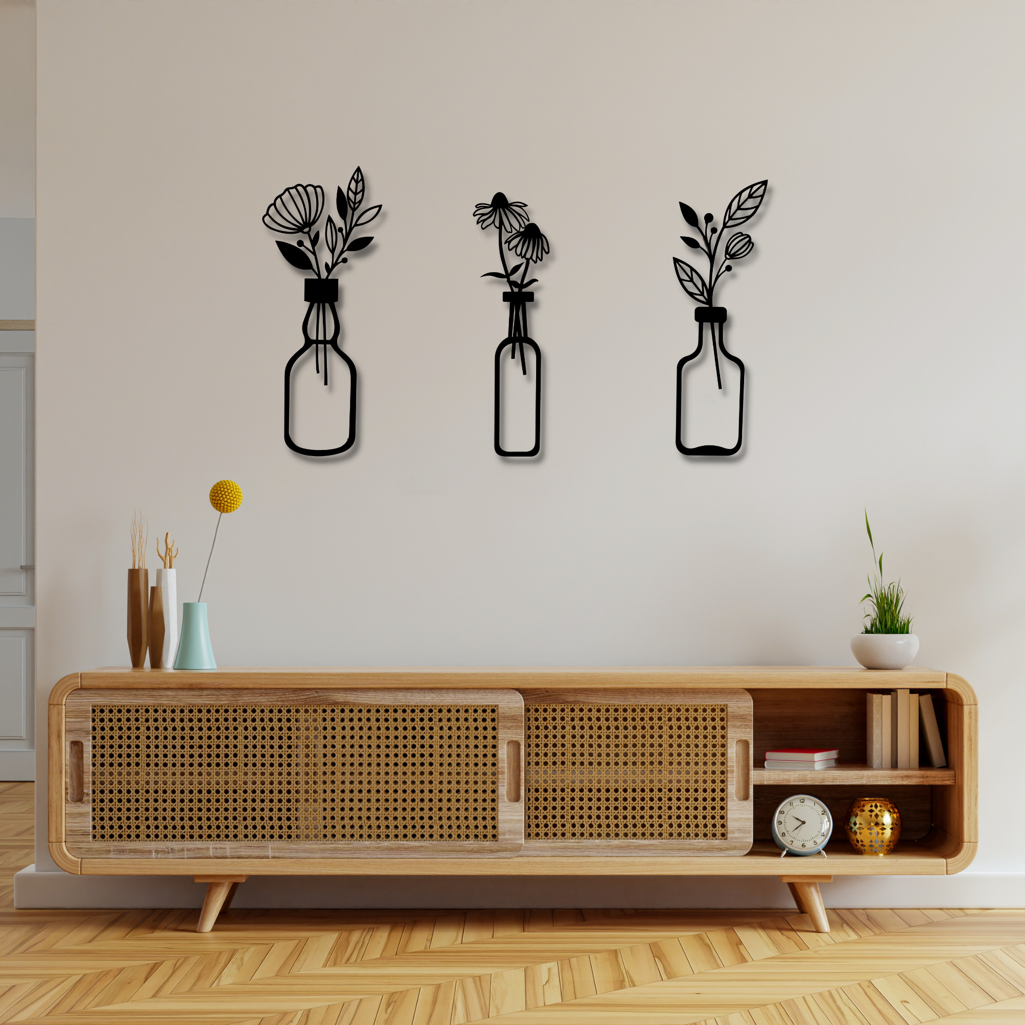 Flower in Vase Metal Wall Art, 3 Pieces Metal Wall Art Set, Spring Flowers Home Wall Decoration, Botanical Wall Decor, Black Floral Wall Art