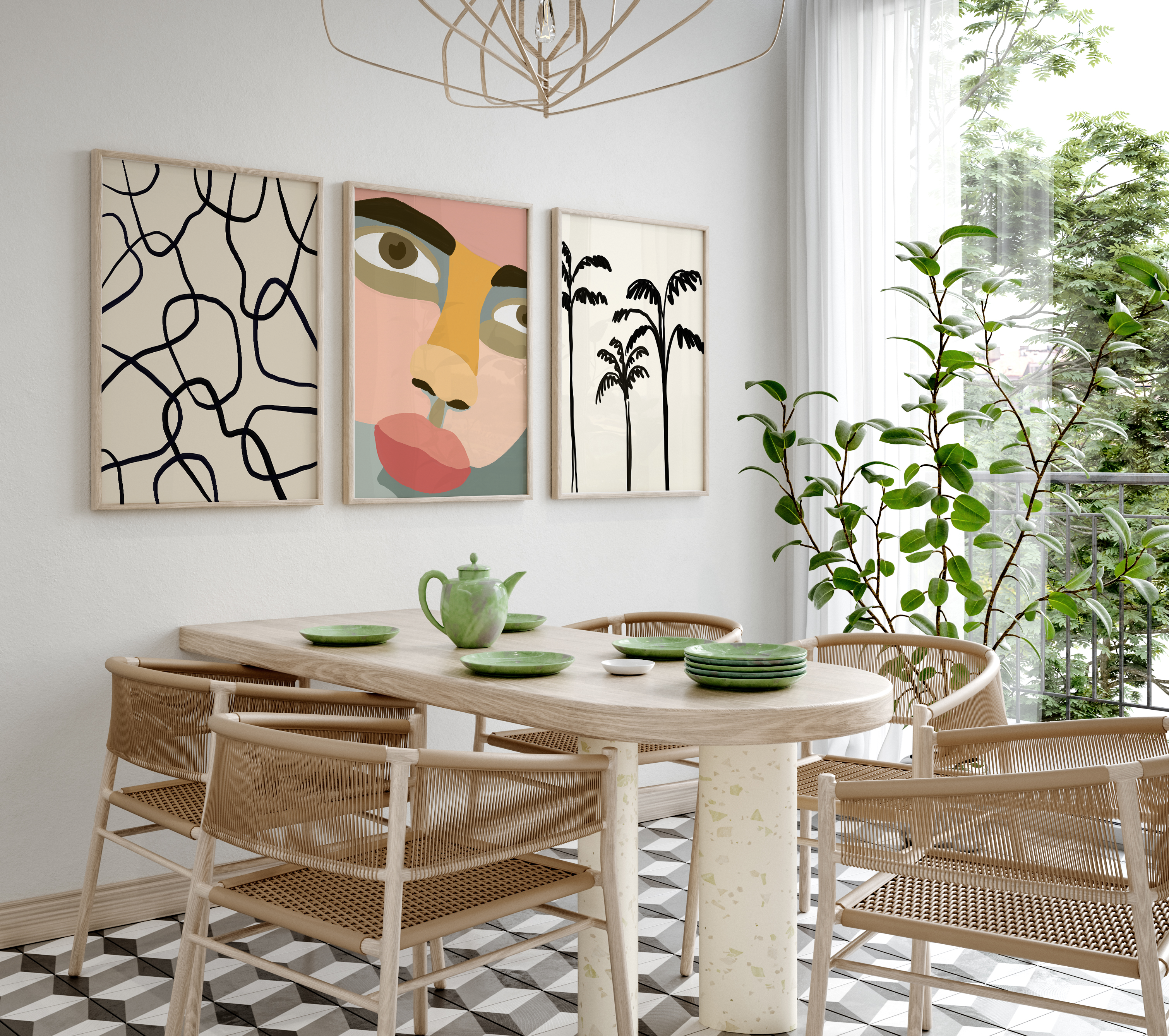 Abstrakte Kunst Poster · Geschenkidee · Mid-Century Modern Figuren, Palmen, Formen & Linien Illustrationen · Dekoprint ohne Rahmen-1