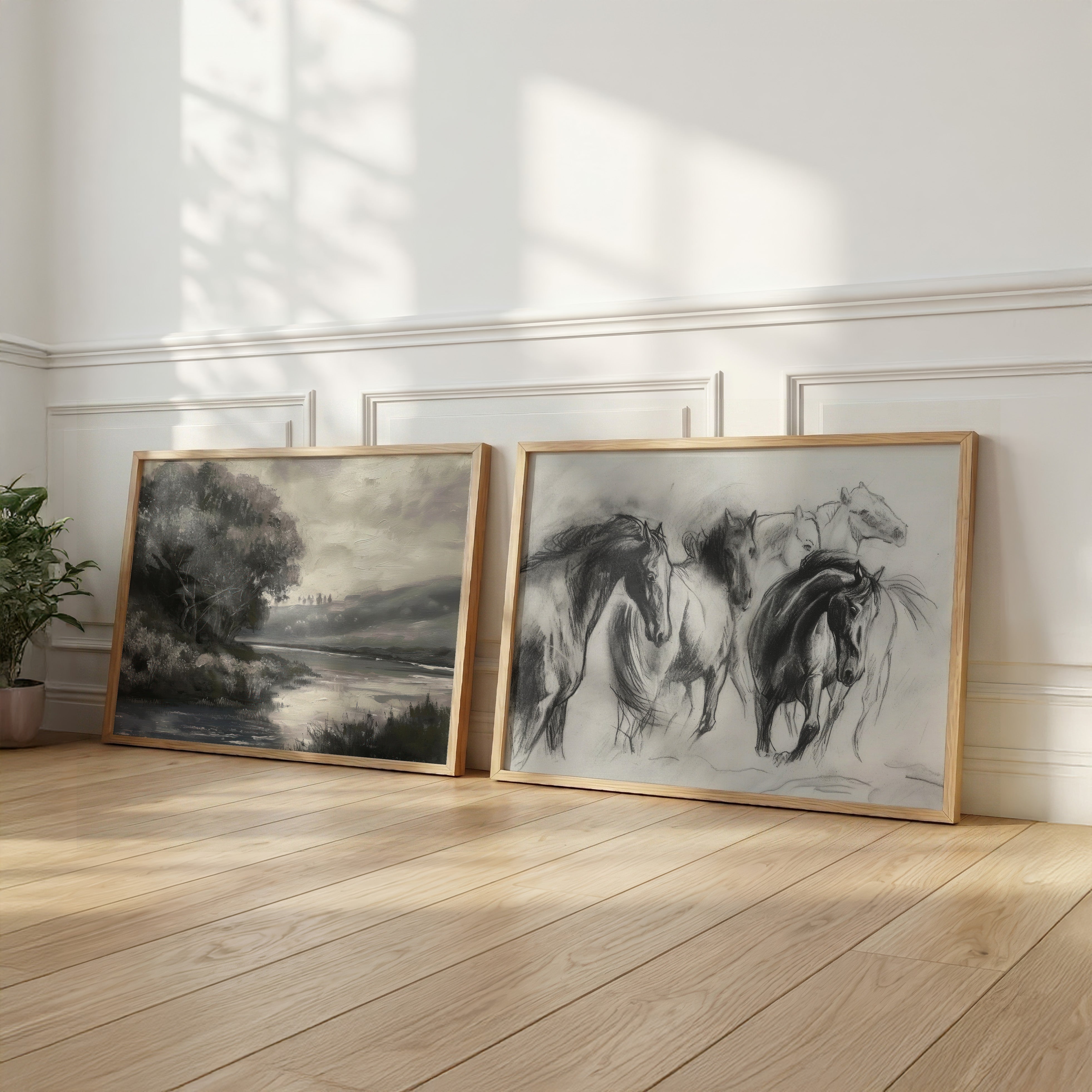 Moderne Vintage Landschaft Poster · Geschenkidee · Flusslandschaft Pferde Stillleben Klassische Wandkunst · Dekoprint ohne Rahmen-1