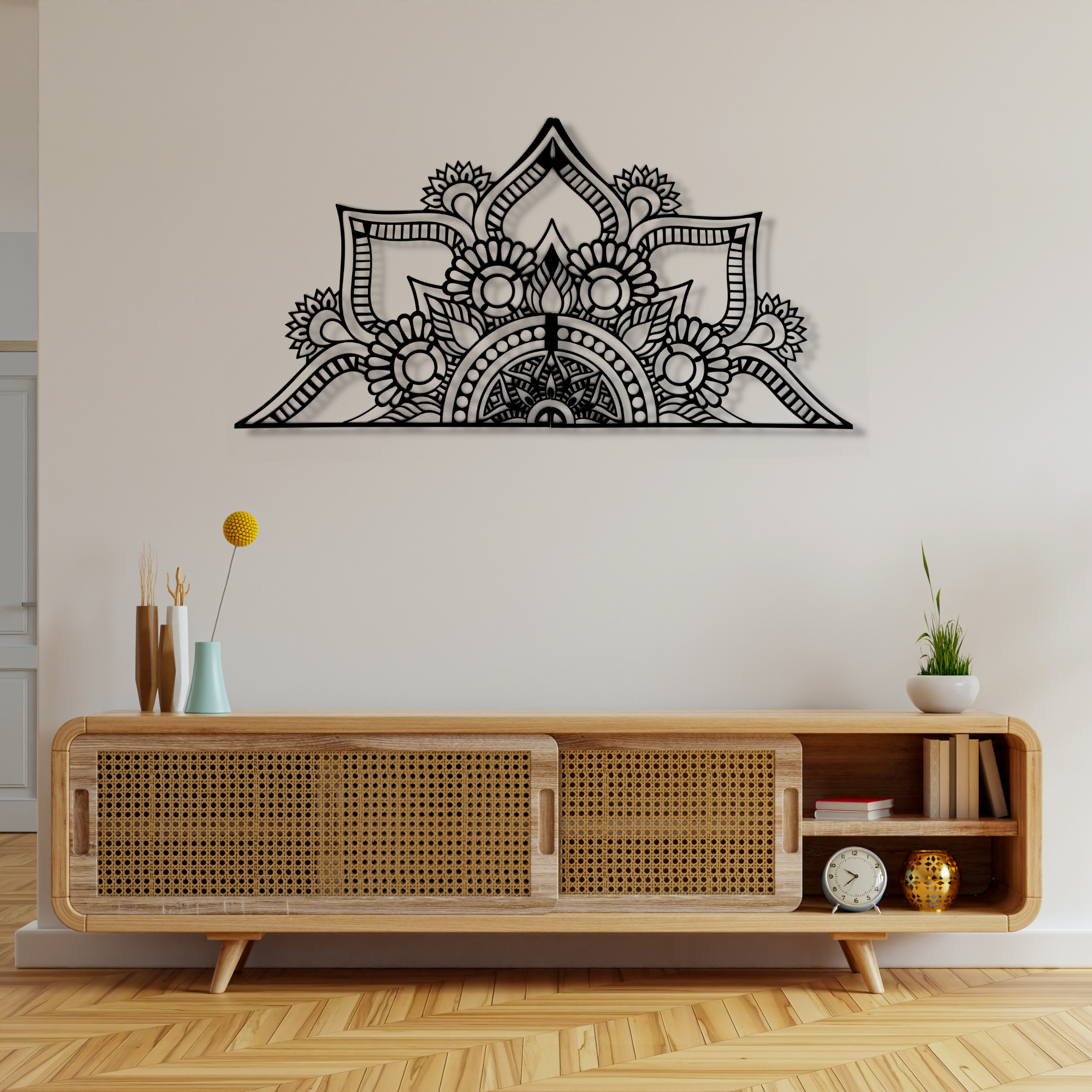 Mandala Patterned Black Metal Wall Hanger Suitable for All Walls 2mm Thickness 153x75cm