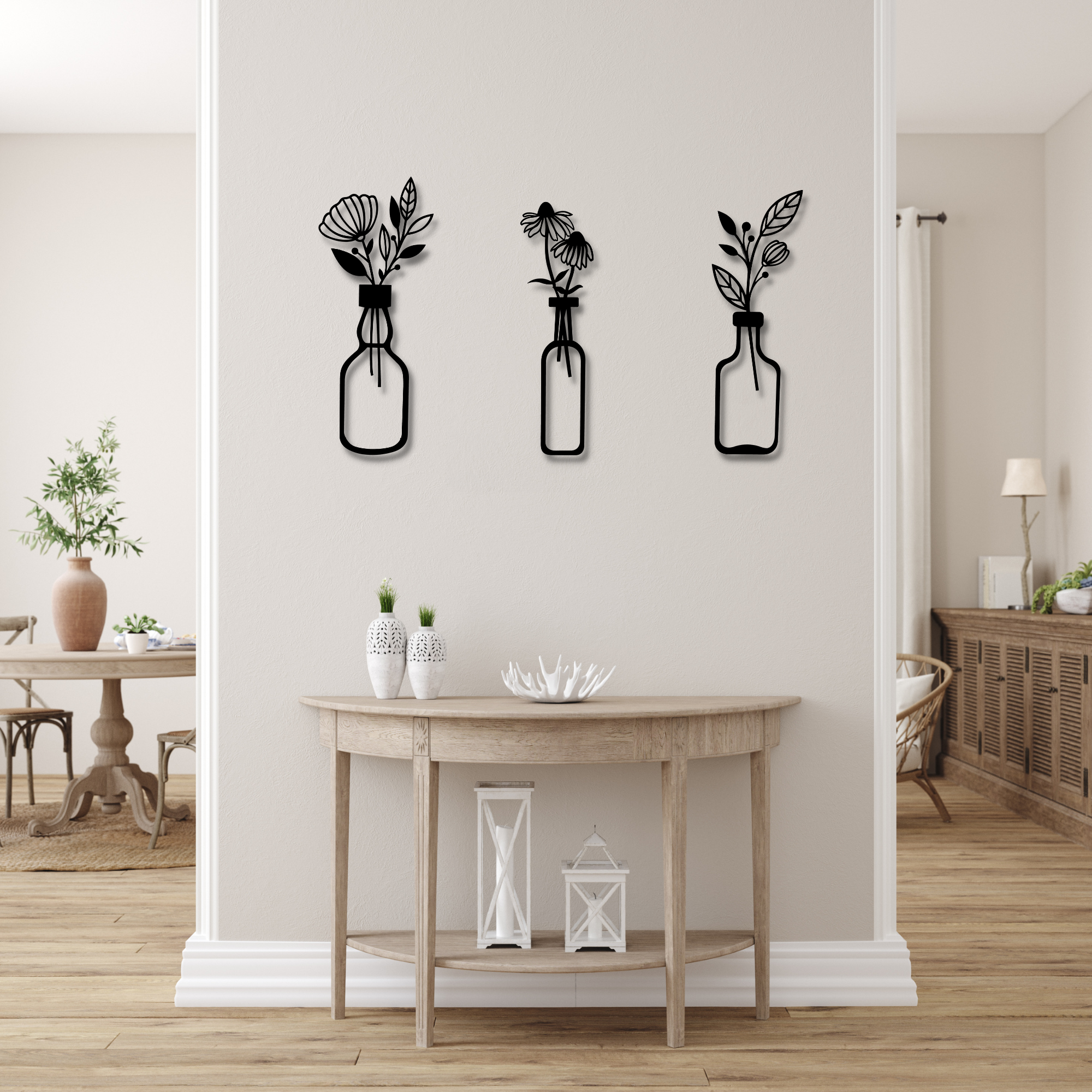 Flower in Vase Metal Wall Art, 3 Pieces Metal Wall Art Set, Spring Flowers Home Wall Decoration, Botanical Wall Decor, Black Floral Wall Art