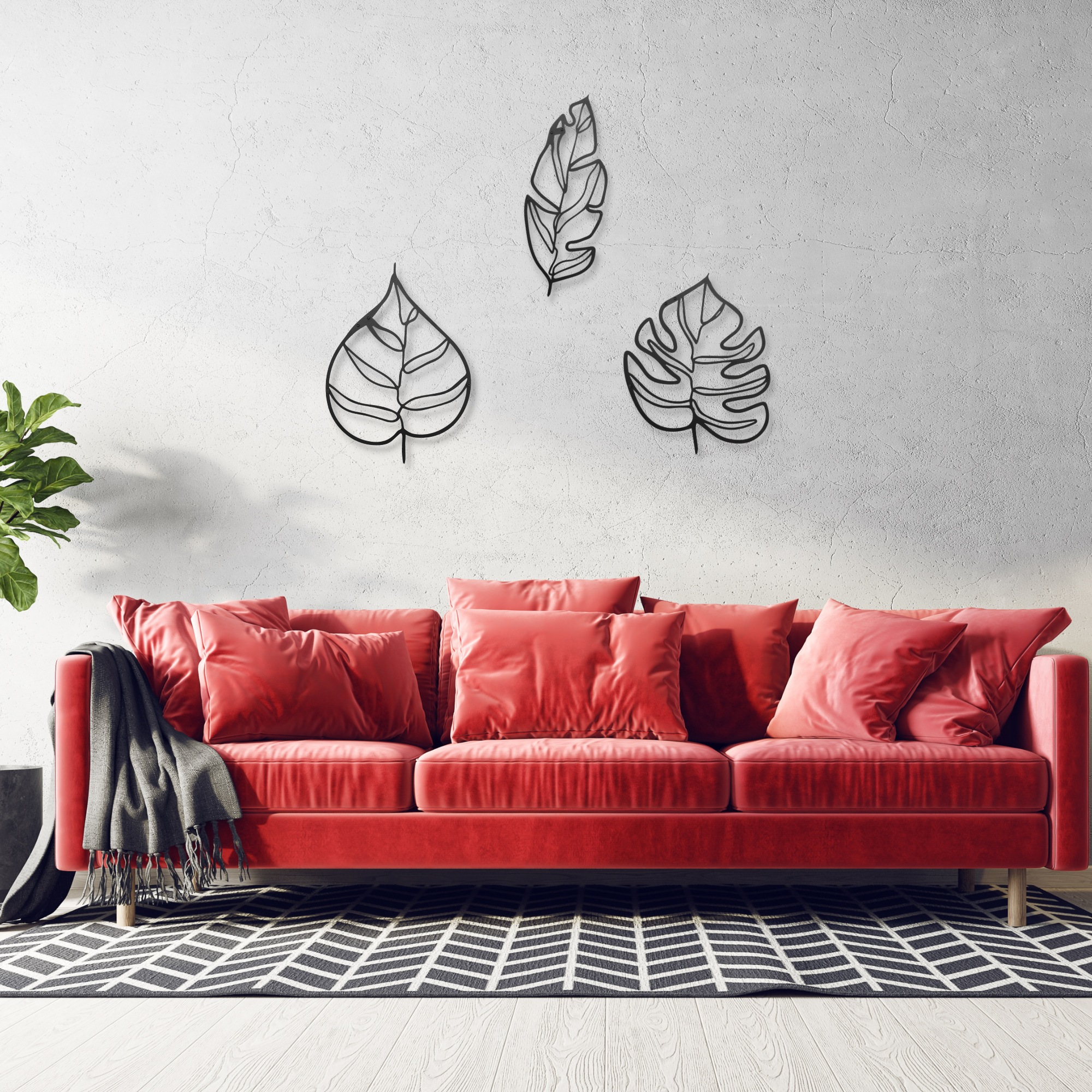 Leaf Patterned Black Metal Wall Hanger Suitable for All Walls 2mm Thickness 46x37 cm