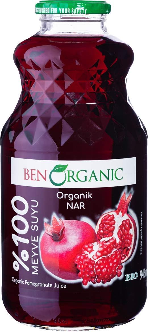 BenOrganic Pomegranate Juice 6 x 946 ml Glass Bottles, Organic Juices, Sugar and Additives Free - Not from concentrate