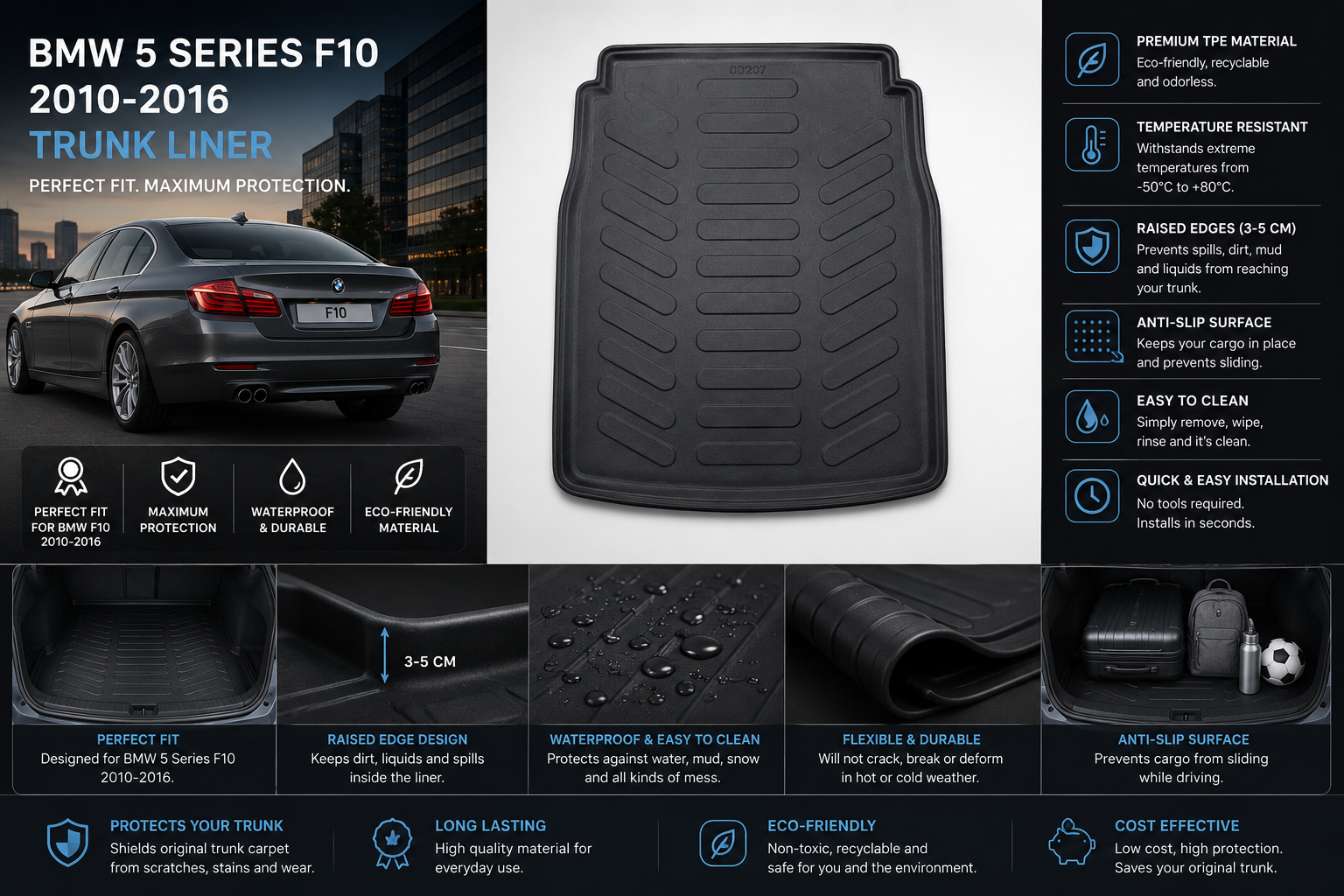 BMW 5 Series F10 2010-2016 Custom Fit Trunk Liner Cargo Mat – Black