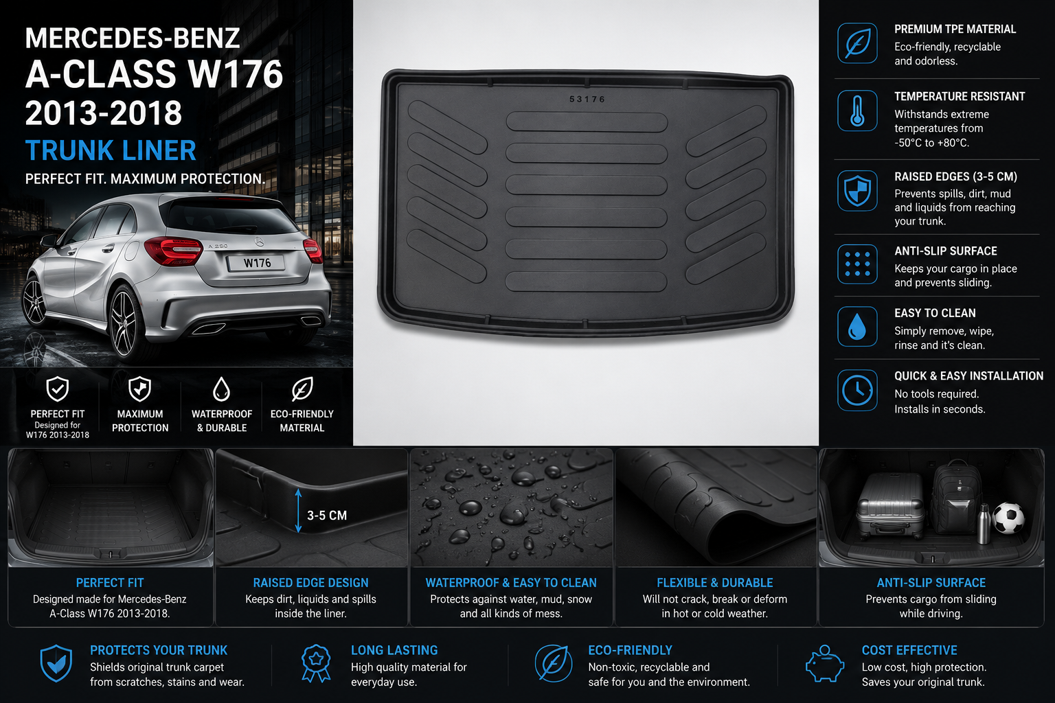 Mercedes-Benz A-Class W176 Hatchback 2013-2018 Custom Fit Trunk Liner Cargo Mat – Black