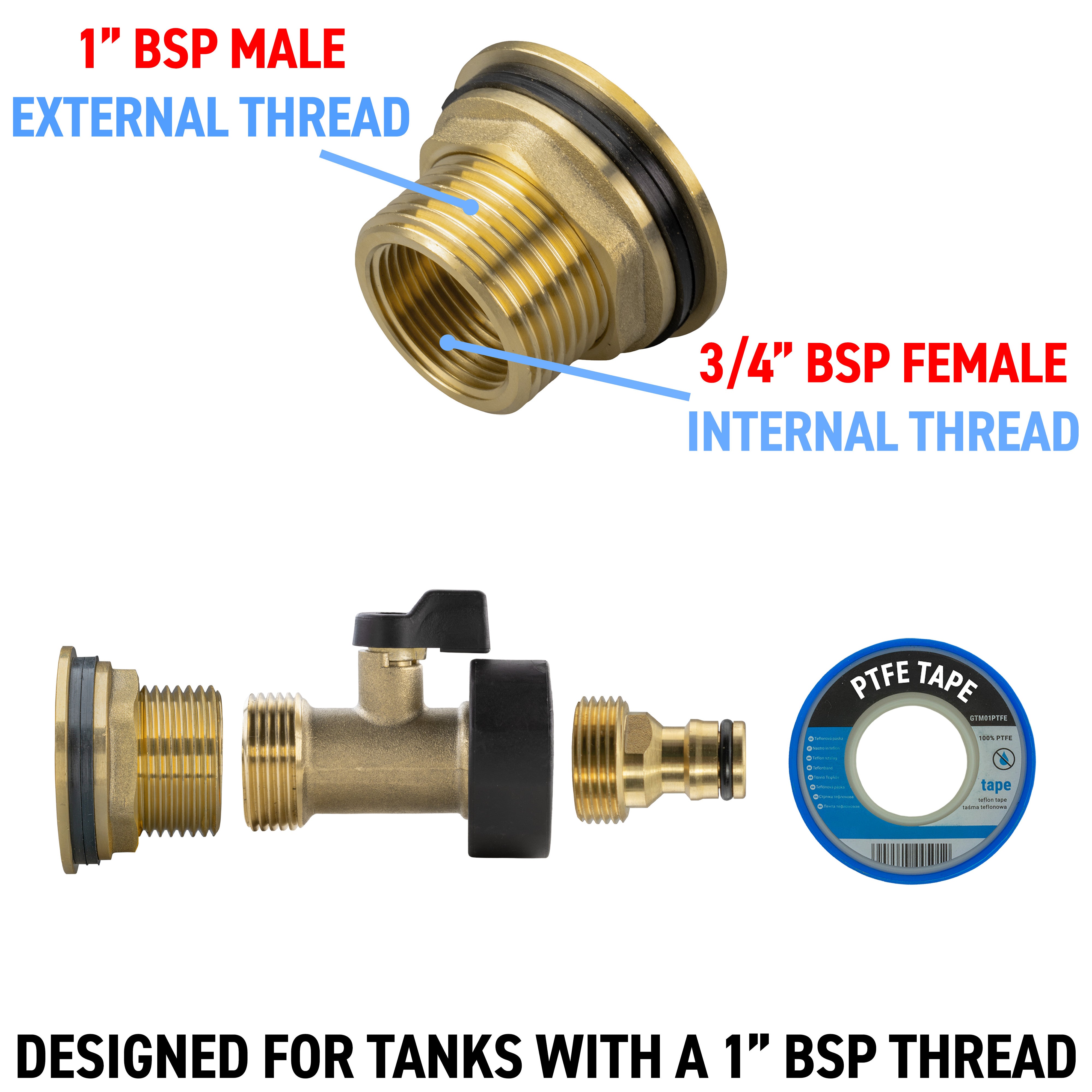 Water Butt Brass Kit 1in with Brass Valve + Quick Connect for Hose Connector Set