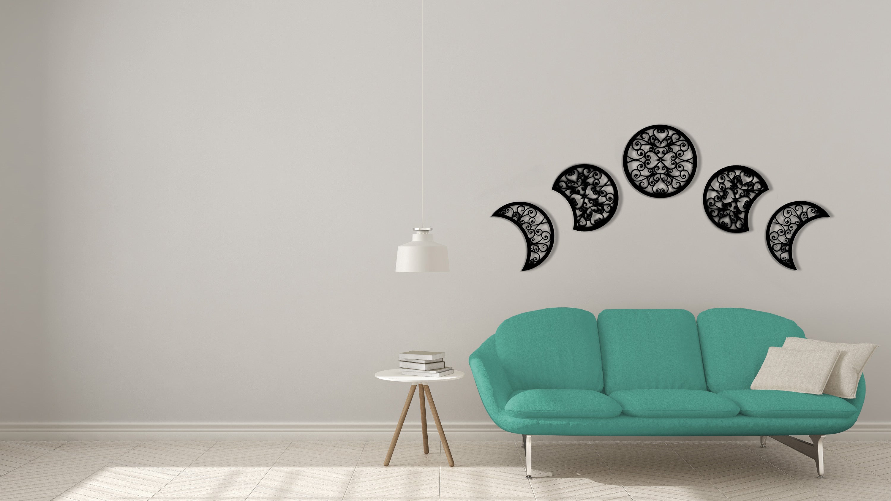 Moon Phase Patterned Black Metal Wall Hanger Suitable for All Walls 1.5mm Thickness 30x30 cm