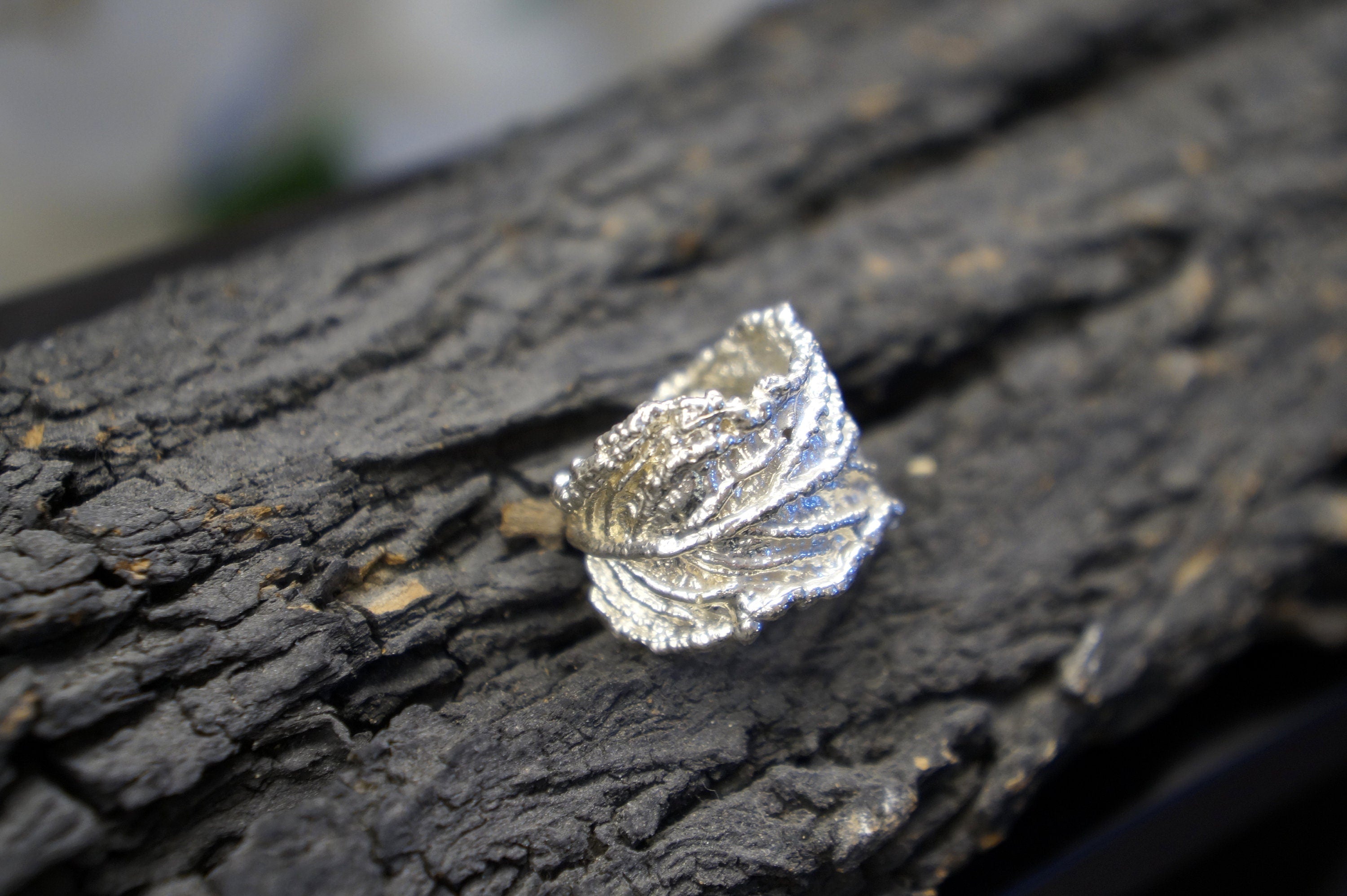 Real Leaf Silver Band Ring, Handmade Statement Jewelry, Organic Botanical Band, Unique Gift for Nature Lovers, Sterling Silver 925-0