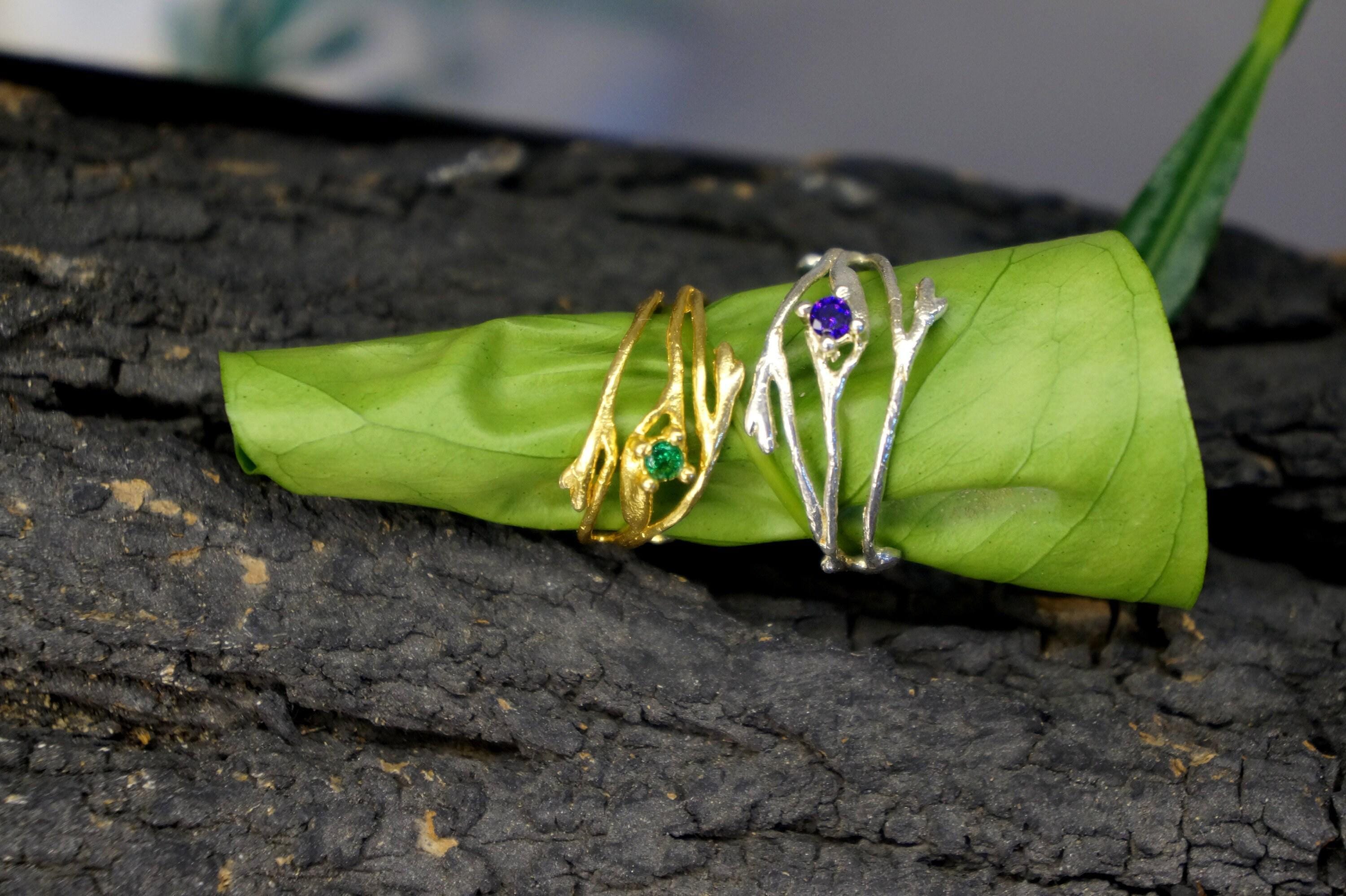 Thin Branches Ring Jasmine Twig Ring in Sterling Silver with Zircon Stone, Goldplated.-0
