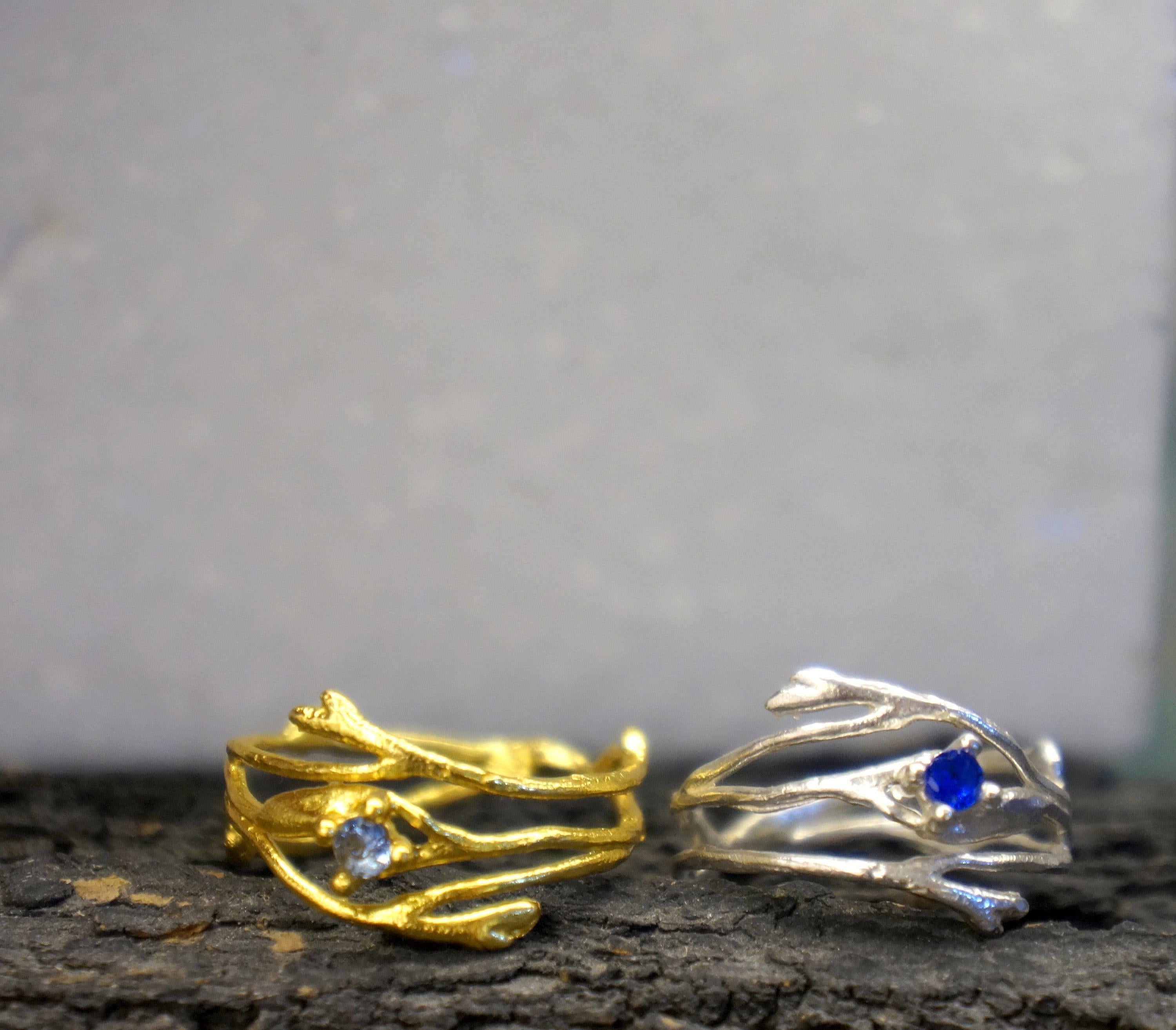 Thin Branches Ring Jasmine Twig Ring in Sterling Silver with Zircon Stone, Goldplated.-1