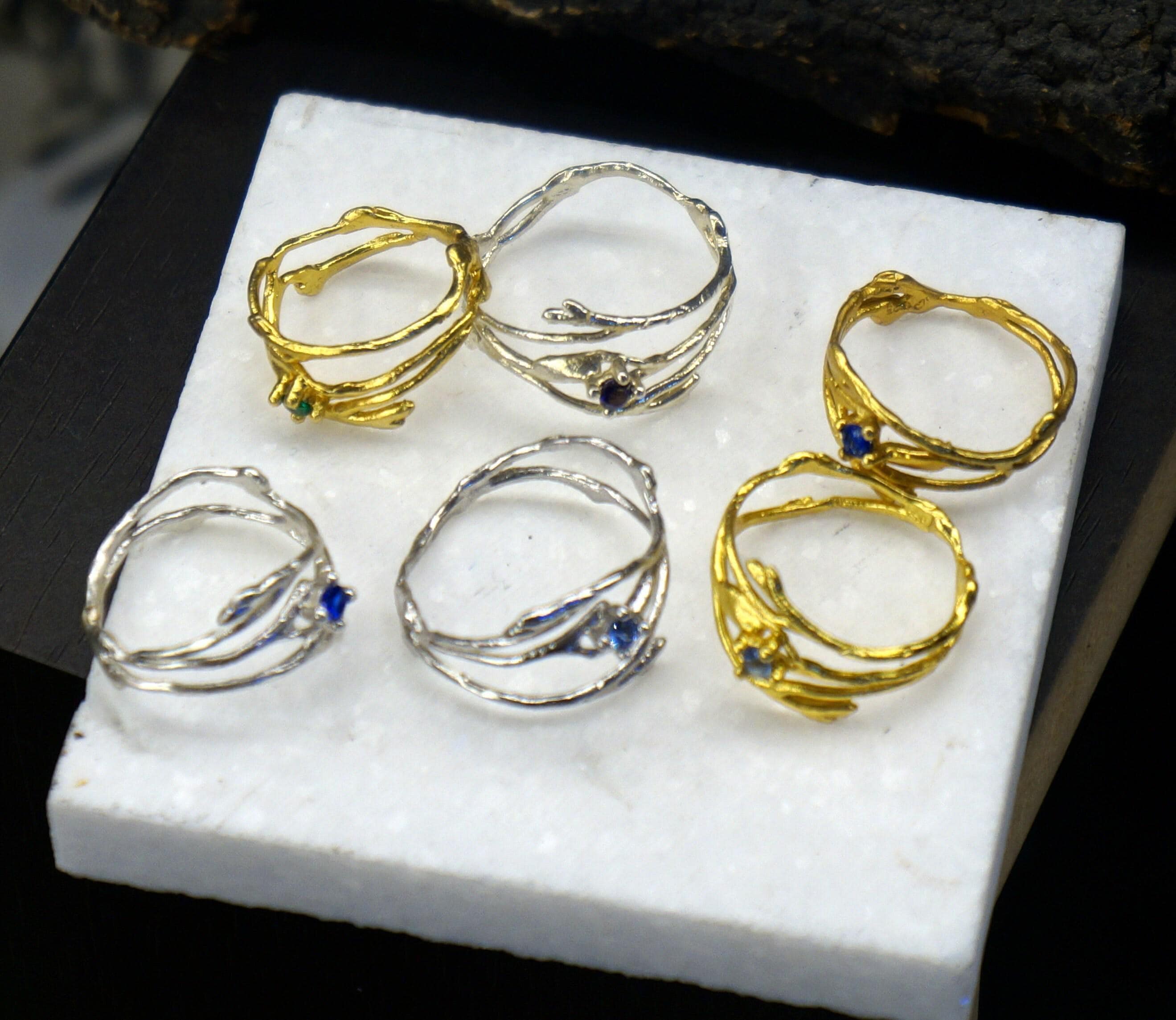 Thin Branches Ring Jasmine Twig Ring in Sterling Silver with Zircon Stone, Goldplated.-4