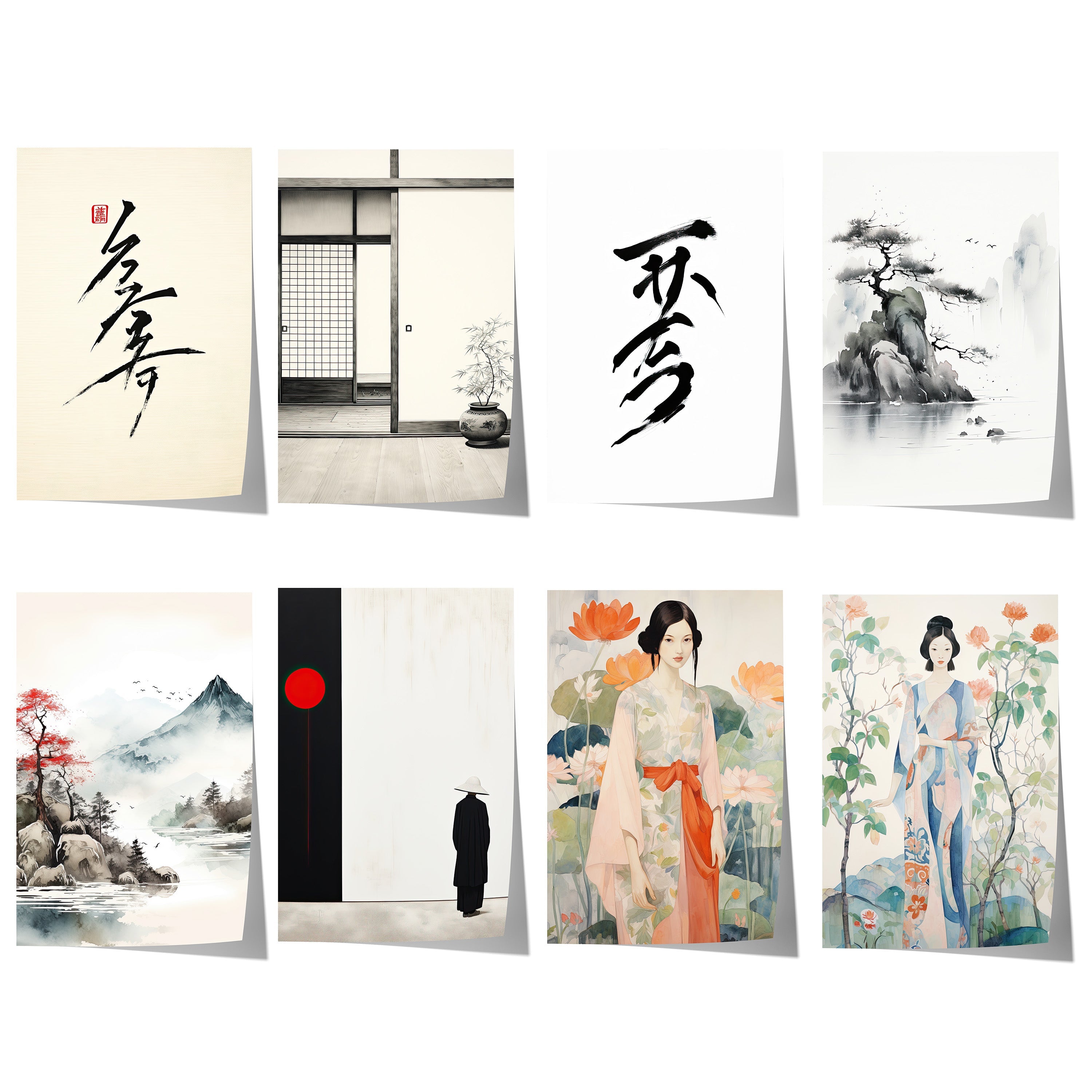 Japan Poster · Geschenkidee · Zen Minimalismus Kalligrafie Geisha und Landschaft · Dekoprint ohne Rahmen-0